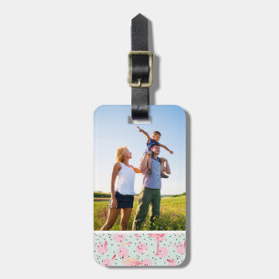 Custom Photo Flamingo Feathers On Polka Dots Luggage Tag