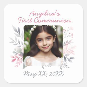 Custom Photo Floral First Communion Square Sticker