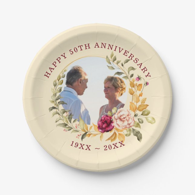 Custom Photo Floral Frame Anniversary  Paper Plate (Front)
