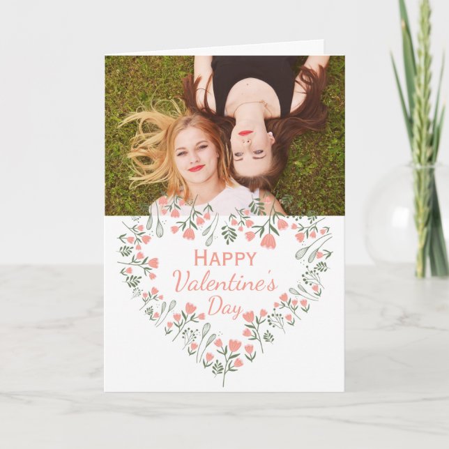 Custom Photo Floral Heart Valentine Card (Front)