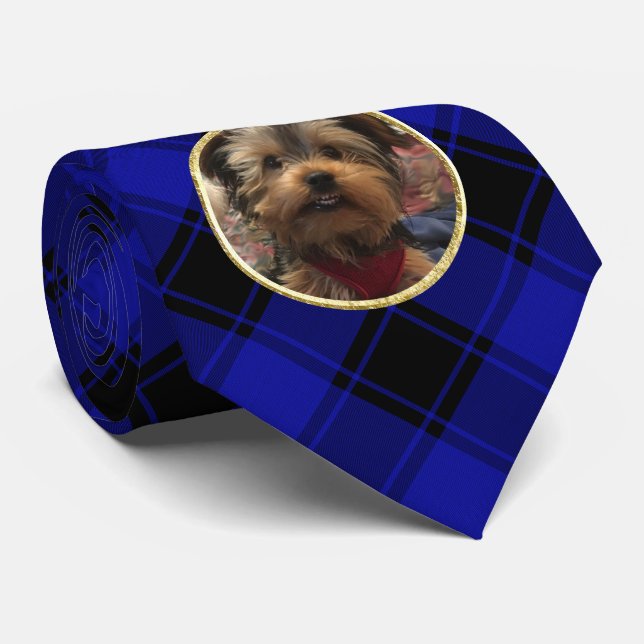 Custom Photo Frame Blue and Black Plaid Pattern Tie (Rolled)