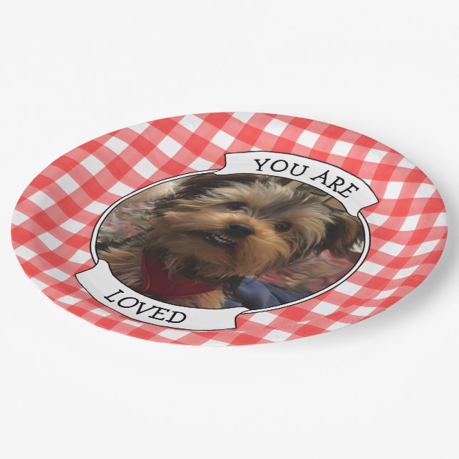 Custom Photo Frame Country Red Buffalo Check Plaid Paper Plate (Angled)