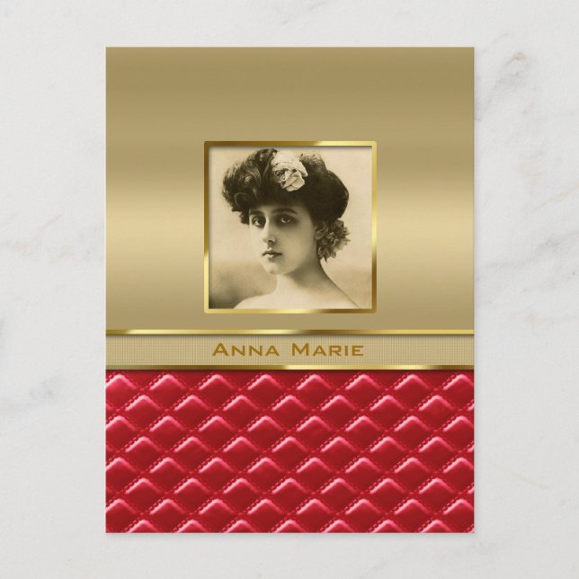 Custom Photo Frame Faux Gold Quilted Red Leather Postcard (Front)