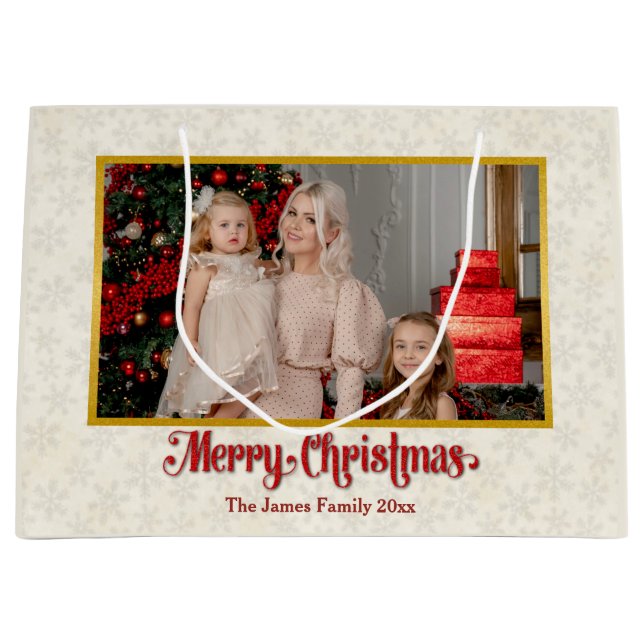 Custom Photo Frame Merry Christmas & New Year Large Gift Bag (Front)
