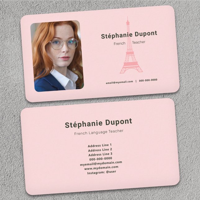Custom Photo - French Teacher Pink Business Card (French Teacher Pink Business Card)