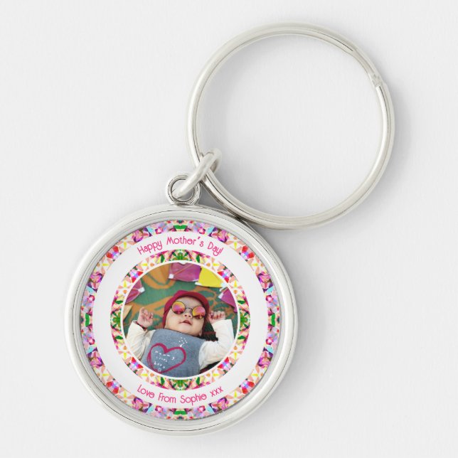 Custom Photo Fun Pink Happy Mother’s Day Keepsake Key Ring (Front)