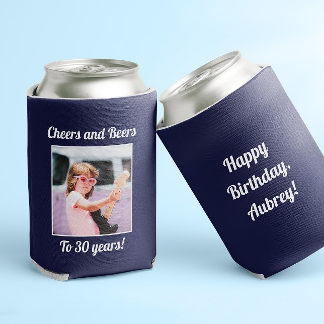 Custom Photo Funny Cool 30th Birthday Can Cooler ("Cheers and Beers to 30 years" blue can cooler with photo on the front and custom text on the back)
