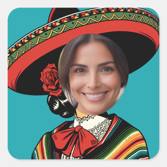 Custom Photo Funny Sombrero Sarape Fiesta Party Square Sticker (Front)