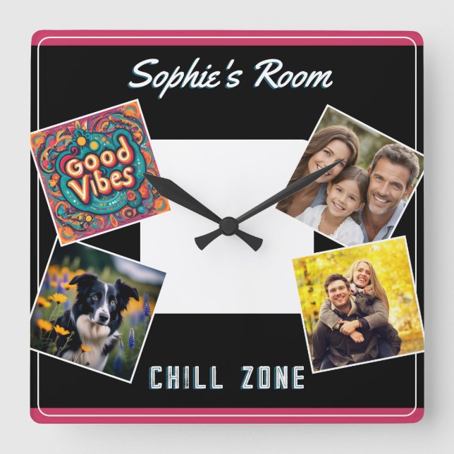 Custom Photo Gallery Chill Zone Good Vibes Square Wall Clock (Front)
