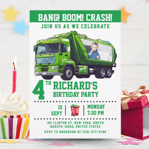Custom Photo Garbage Truck Birthday Party Invitation