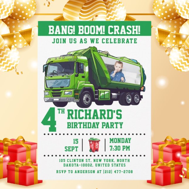 Custom Photo Garbage Truck Birthday Party Invitation (Creator Uploaded)