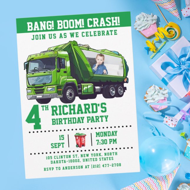 Custom Photo Garbage Truck Birthday Party Invitation (Creator Uploaded)