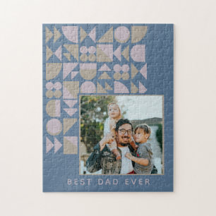 Custom Photo Geometric Art Blue Monogram Name Jigsaw Puzzle