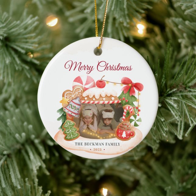 Custom Photo Gingerbread House Christmas Ceramic Ornament (Tree)