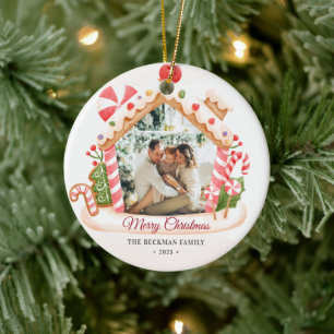 Custom Photo Gingerbread House Christmas Ceramic Ornament