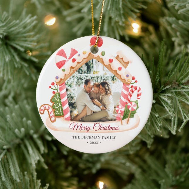 Custom Photo Gingerbread House Christmas Ceramic Ornament (Tree)