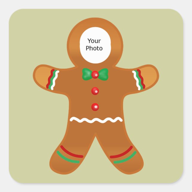 Custom Photo Gingerbread Man Christmas Square Sticker (Front)