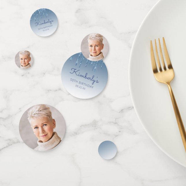 Custom Photo Glam Blue Glitter Drip 50th Birthday Confetti (Group)