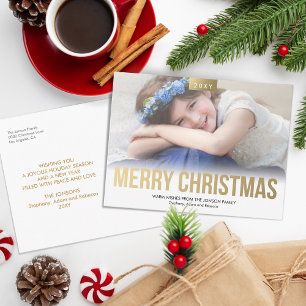 Custom Photo Gold Bold Simple Merry Christmas Holiday Postcard
