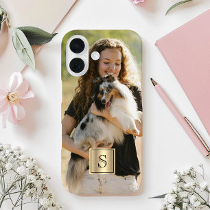 Custom Photo Gold Frame and Black Monogram iPhone 16 Case