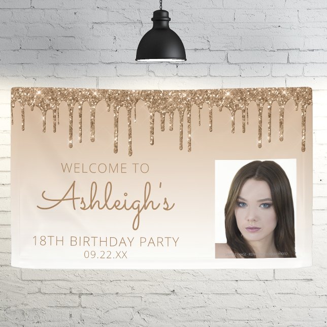 Custom Photo Gold Glitter Drip 18th Birthday Party Banner (Creator Uploaded)