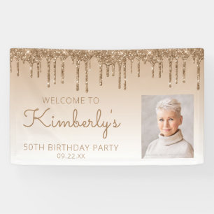 Custom Photo Gold Glitter Drip 50th Birthday Party Banner