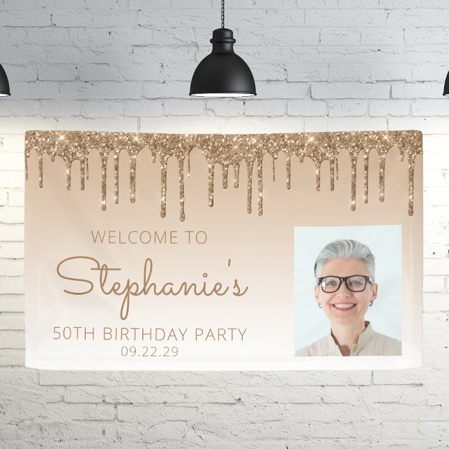 Custom Photo Gold Glitter Drip 50th Birthday Party Banner (Creator Uploaded)