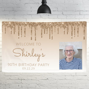 Custom Photo Gold Glitter Drip 90th Birthday Party Banner