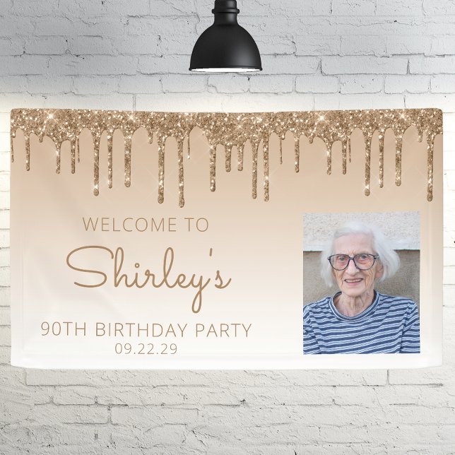 Custom Photo Gold Glitter Drip 90th Birthday Party Banner (Creator Uploaded)
