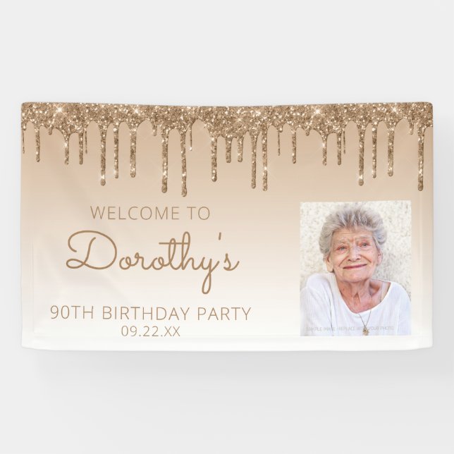 Custom Photo Gold Glitter Drip 90th Birthday Party Banner (Horizontal)