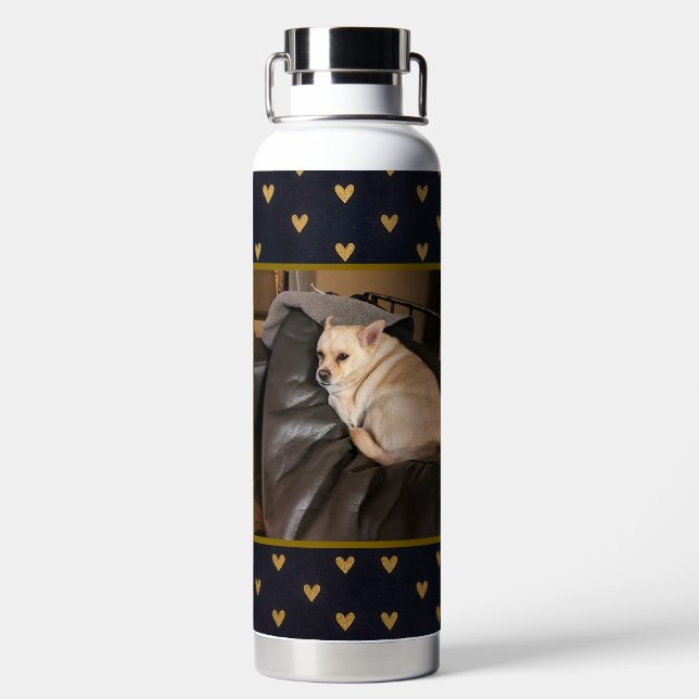 Custom Photo Gold Hearts Background Water Bottle (Back)