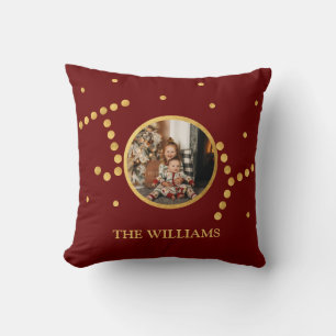 Custom Photo Gold maroon red Christmas Holiday Cushion