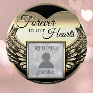 Custom Photo Gold Memorial Heart  7.5 Cm Round Badge