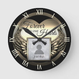 Custom Photo Gold Memorial Heart  Round Clock