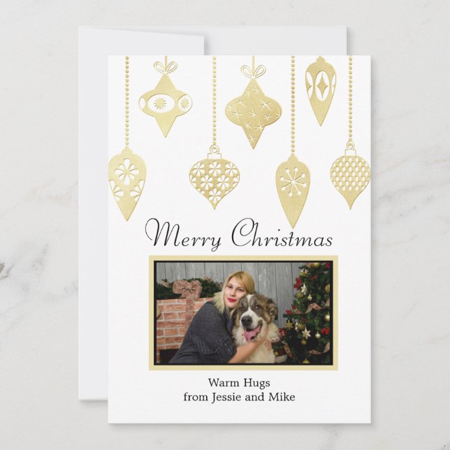 Custom Photo Gold Ornaments Flat Holiday Card (Front)