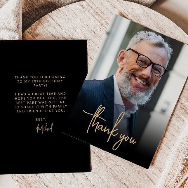 Custom Photo Gold Script 70th Birthday Party Thank You Card (Creator Uploaded)