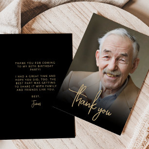 Custom Photo Gold Script 80th Birthday Party Thank You Card