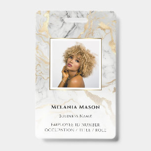 Custom Photo Gold White Marble Elegant Staff  ID Badge