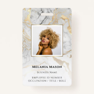Custom Photo Gold White Marble Elegant Staff ID Badge