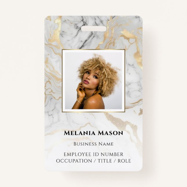 Custom Photo Gold White Marble Elegant Staff  ID Badge (Front)