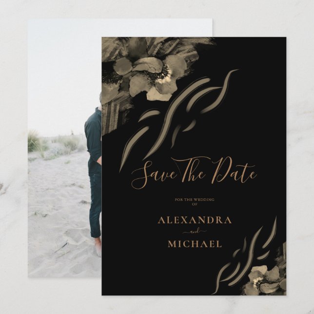 Custom Photo Golden Iris Flowers Black Wedding Save The Date (Front/Back)