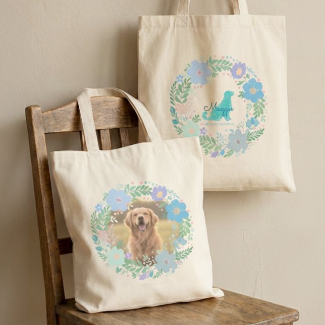 Custom Photo Golden Retriever  Pastel Blue Floral  Tote Bag (Creator Uploaded)