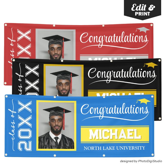 Custom Photo Graduation Banner with Name & School (2025 Editable Graduation Banner with Name & School, Royal Blue and Yellow Banner Outdoor Horizontal)