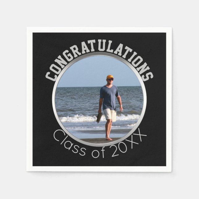 Custom Photo Graduation | Black & Silver Napkin (Front)