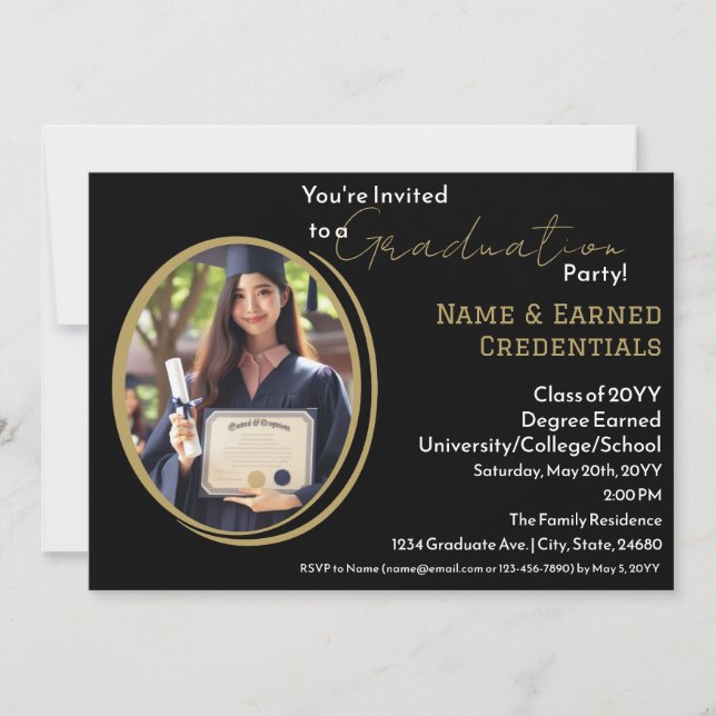 Custom Photo Graduation Black, White & Gold Party  Announcement (Front)