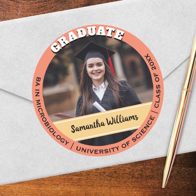 Custom Photo Graduation Class of Graduate Peach Classic Round Sticker (A personalized sticker to celebrate a new graduate, with name, photo, qualification and year)