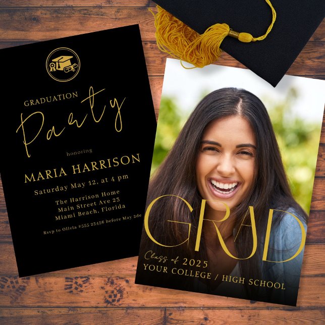 Custom Photo Graduation Gold on Black Invitation (Creator Uploaded)