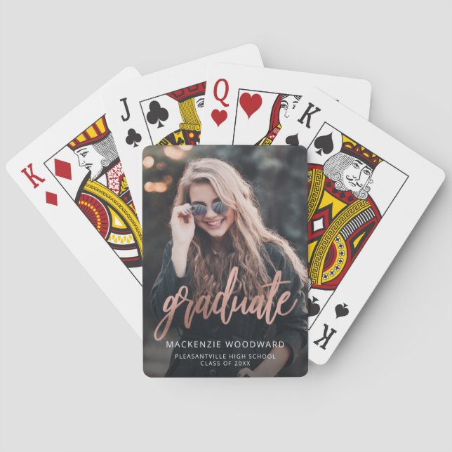 Custom Photo Graduation Rose Gold Script Playing Cards (Back)