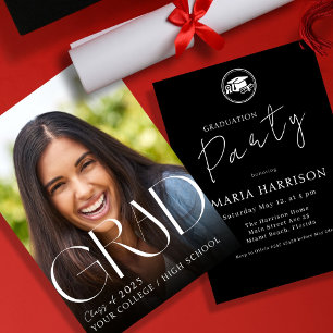 Custom Photo Graduation White on Black Invitation