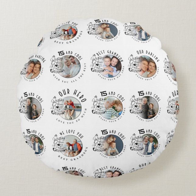 Custom Photo Grandson Birthday Round Cushion (Front)